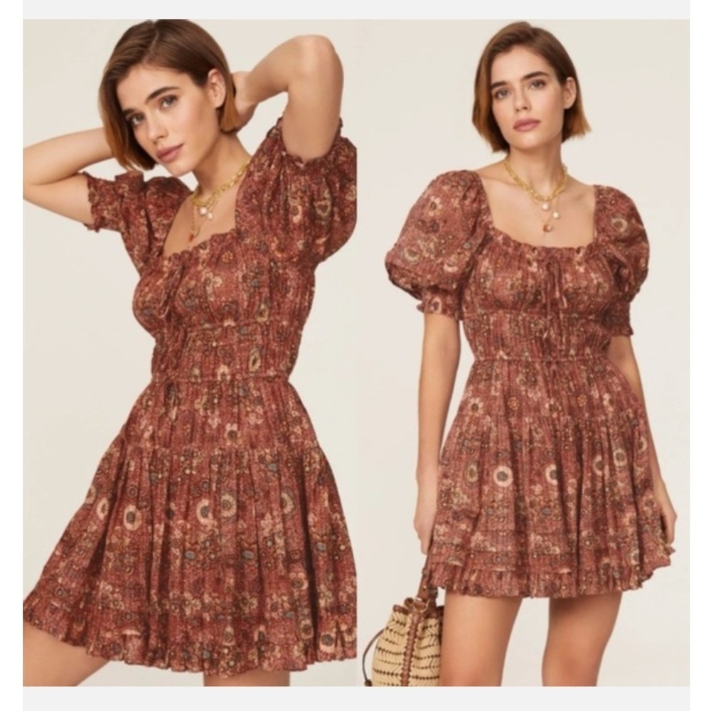 Ulla Johnson Dress 0 Brown Floral Juniper Rosebud Puff Sleeve Ruffle Mini Pocket